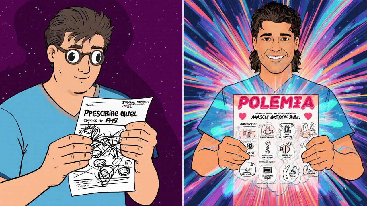 A patient transforms from confusion to clarity using a vivid decision aid with risk icons, set against swirling 1960s-inspired patterns.