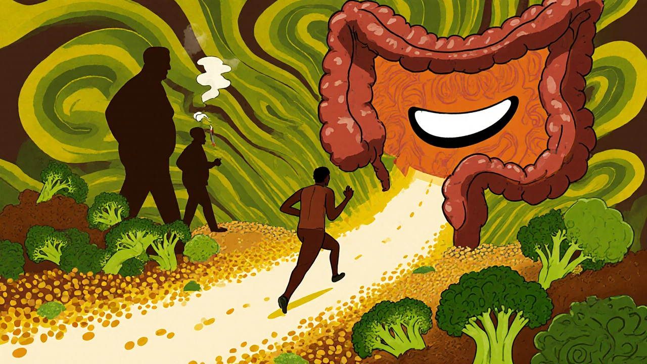 A person jogging through a landscape of healthy foods, with a glowing fiber trail and fading unhealthy habits in psychedelic art.