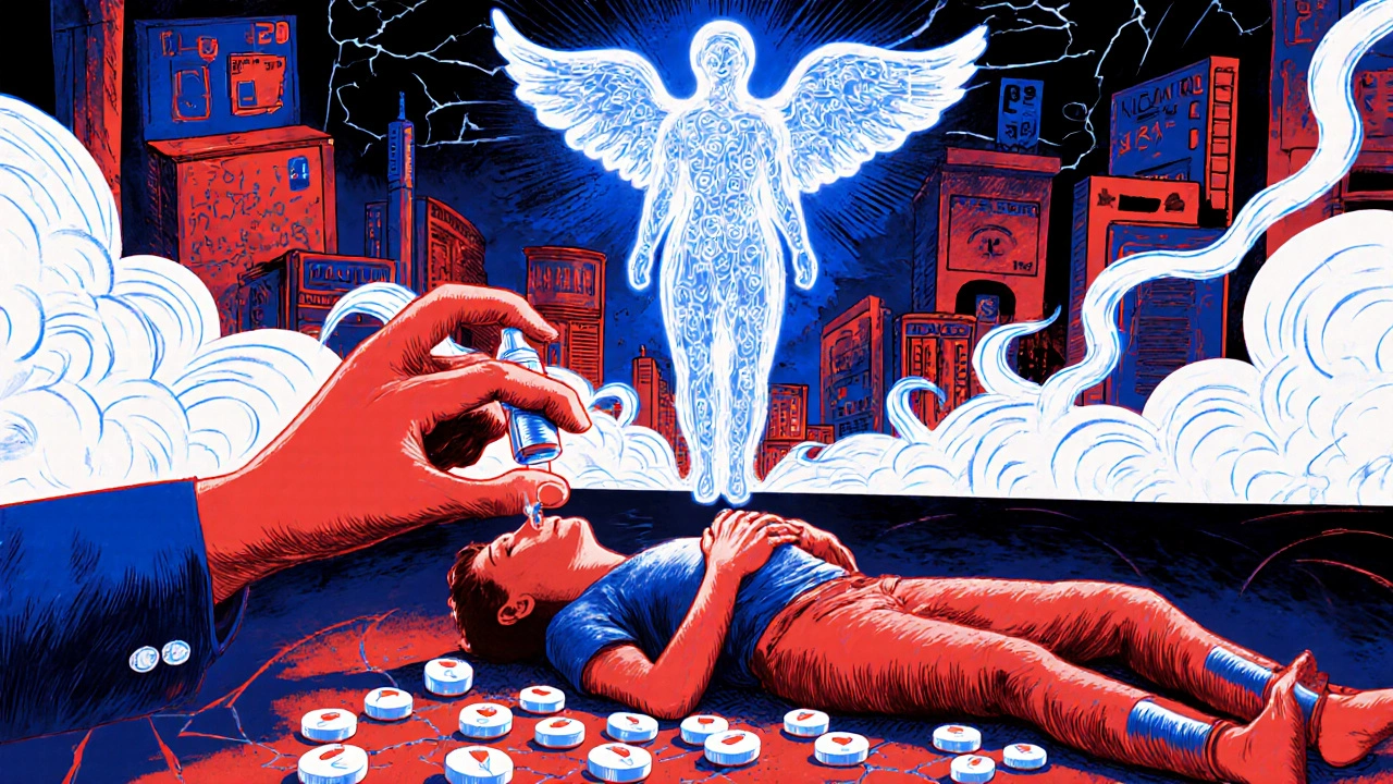 A person receiving Narcan as test strips and medical symbols hover above, representing hope amid the fentanyl crisis.