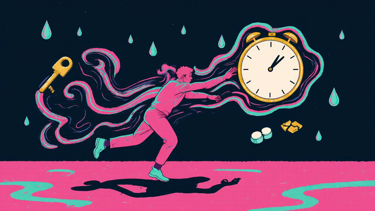 A person with involuntary movements surrounded by symbolic clocks, pills, and tears in vibrant swirls.