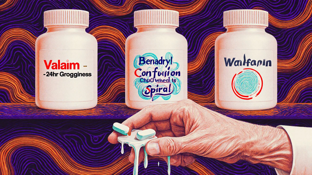 A pharmacy shelf with melting medication bottles labeled for senior risks, dripping onto a frail hand.