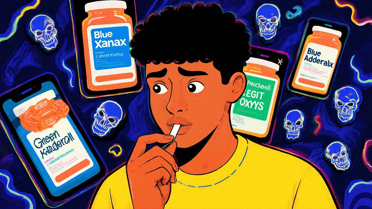 A teen holding a fake pill as social media ads morph into skulls, illustrating the danger of online pill sales.