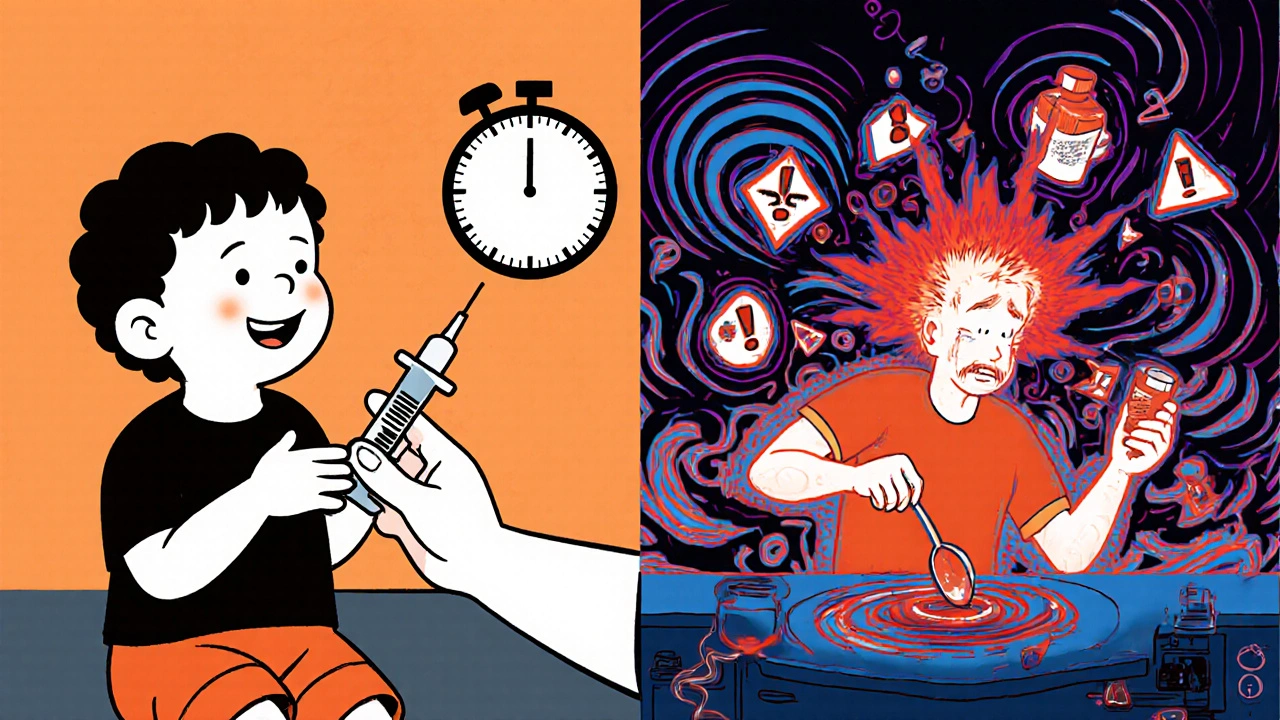 A toddler correctly receives ibuprofen with a syringe, while a chaotic kitchen scene shows dangerous dosing mistakes with glowing warnings.