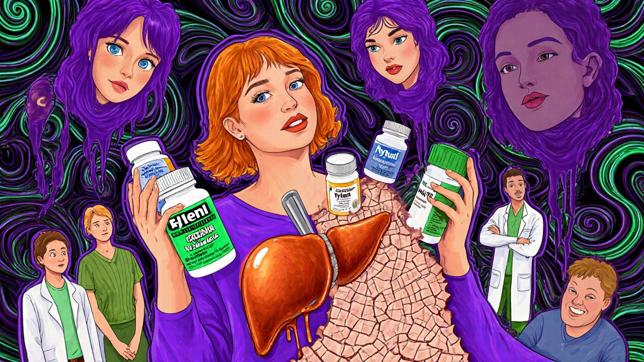 A woman transforming into a crumbling liver as she holds multiple medication bottles.