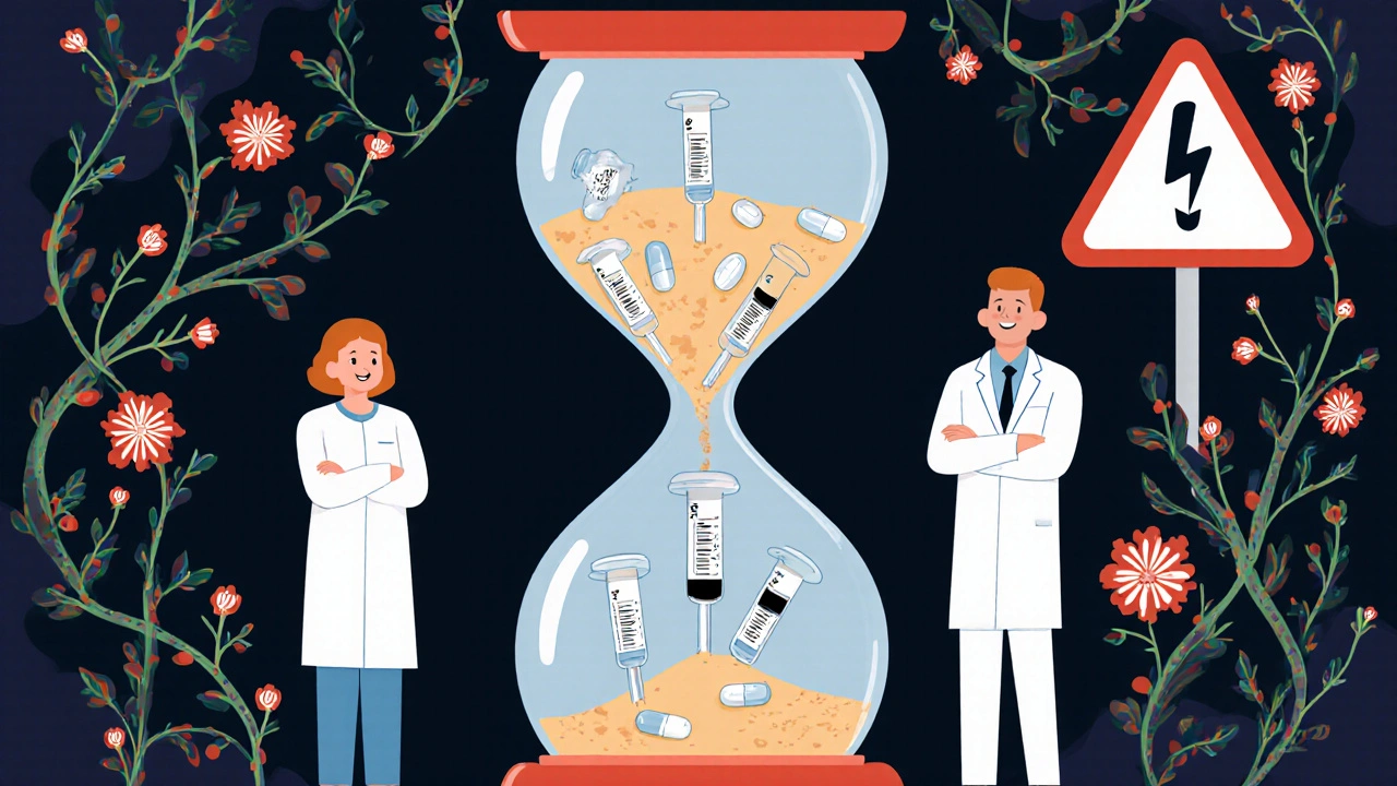 An hourglass filled with syringes and pills, surrounded by glowing vines and warning signs.