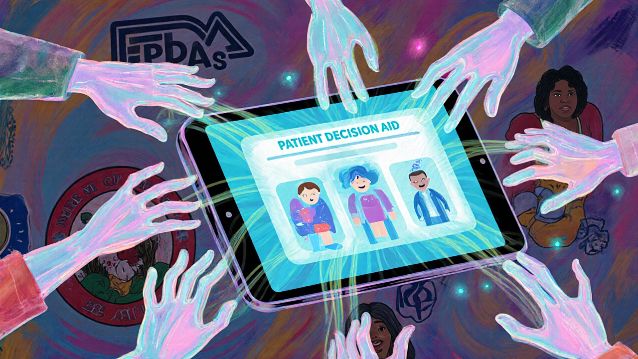 An interactive decision aid tablet glows with animated health icons, connected by neon streams to diverse patients in a psychedelic environment.