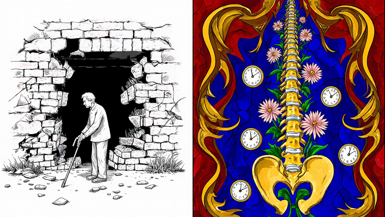 Before-and-after scene: fractured spine becomes a radiant stained-glass structure with flowers, symbolizing bone regeneration.
