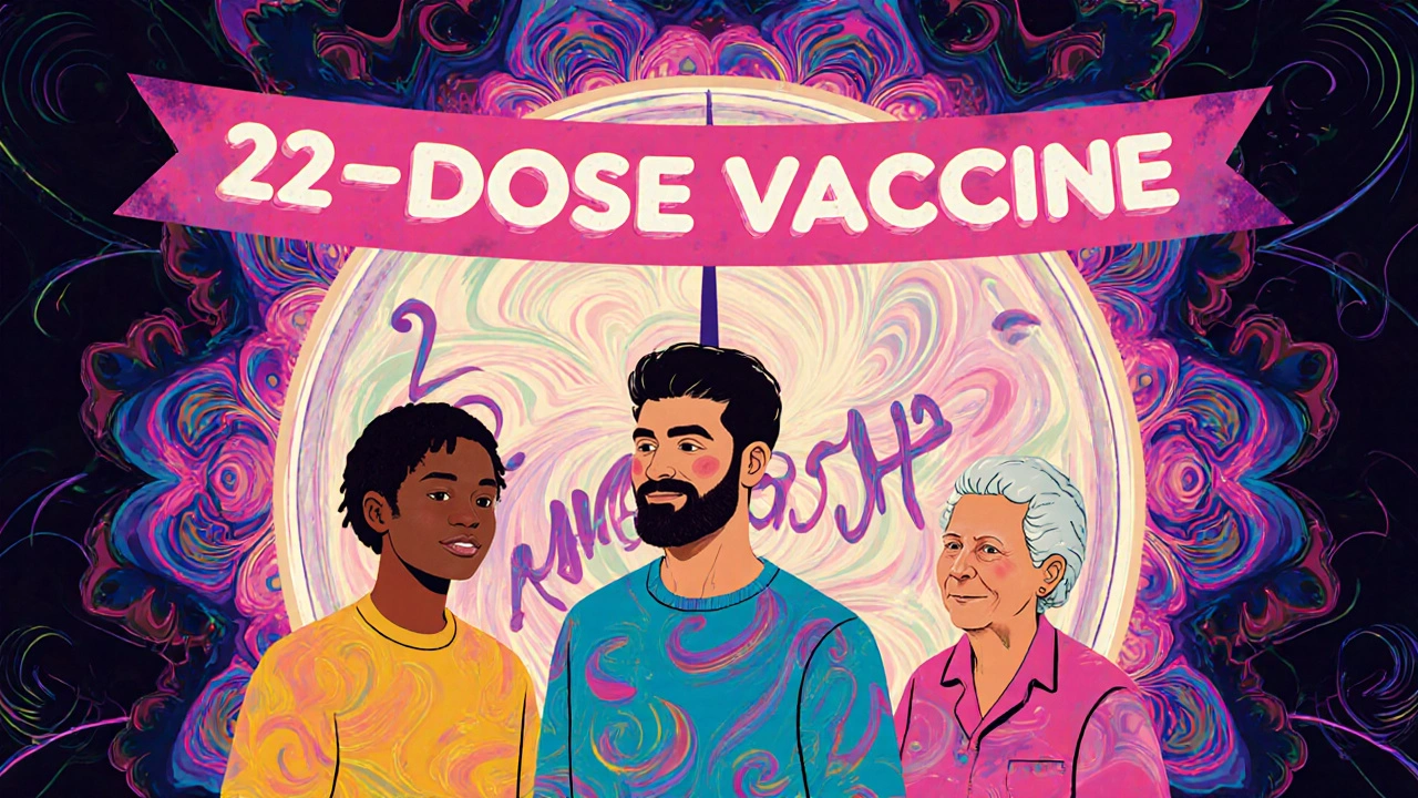Diverse people protected by a two-dose vaccine banner surrounded by swirling, energetic patterns.