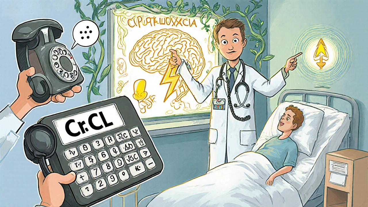 Doctors using psychedelic calculators in a hospital, pharmacist warning of toxic antibiotic doses with glowing EHR alerts.