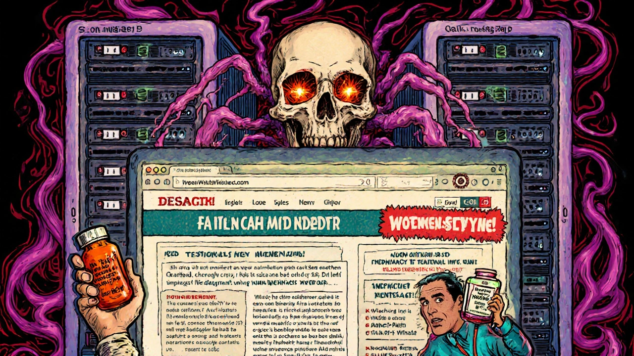 Fentanyl skull emerging from a fake online pharmacy website with glowing warning banners.