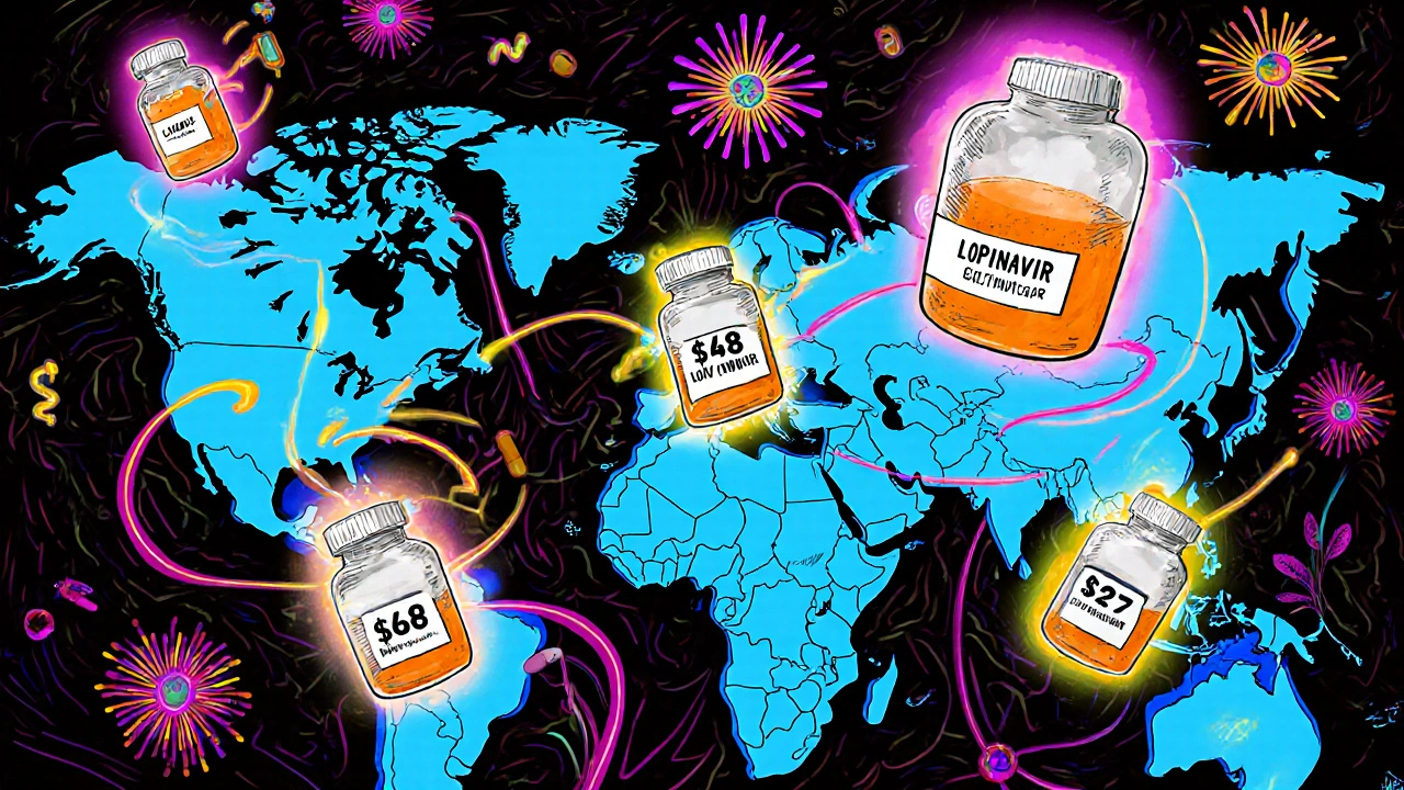 Global map showing cheap HIV drugs in poor regions versus expensive alternatives in wealthy nations.