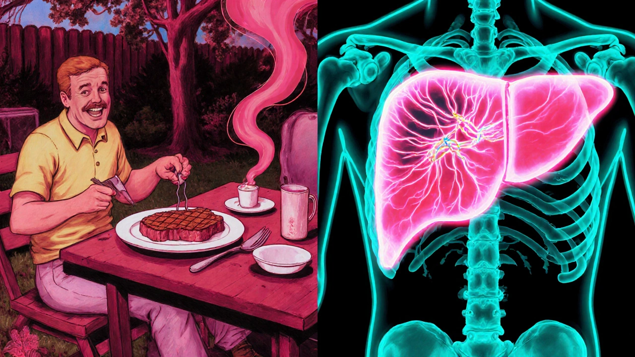 Man grilling steak while his liver glows with enzyme activity in psychedelic x-ray style.