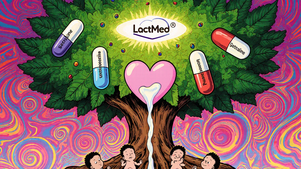 Medical tree with pill leaves feeding healthy babies, guided by a LactMed icon.