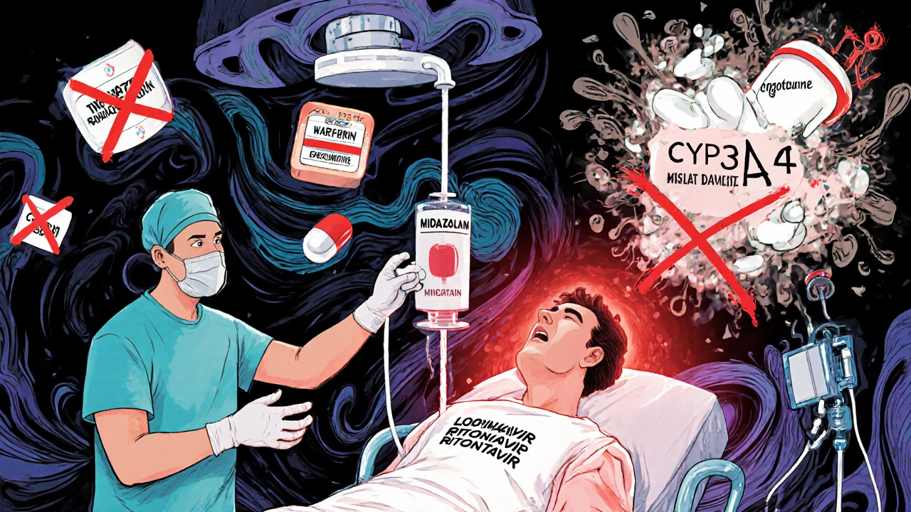 Operating room with dangerous drug interactions glowing around a patient on lopinavir/ritonavir.