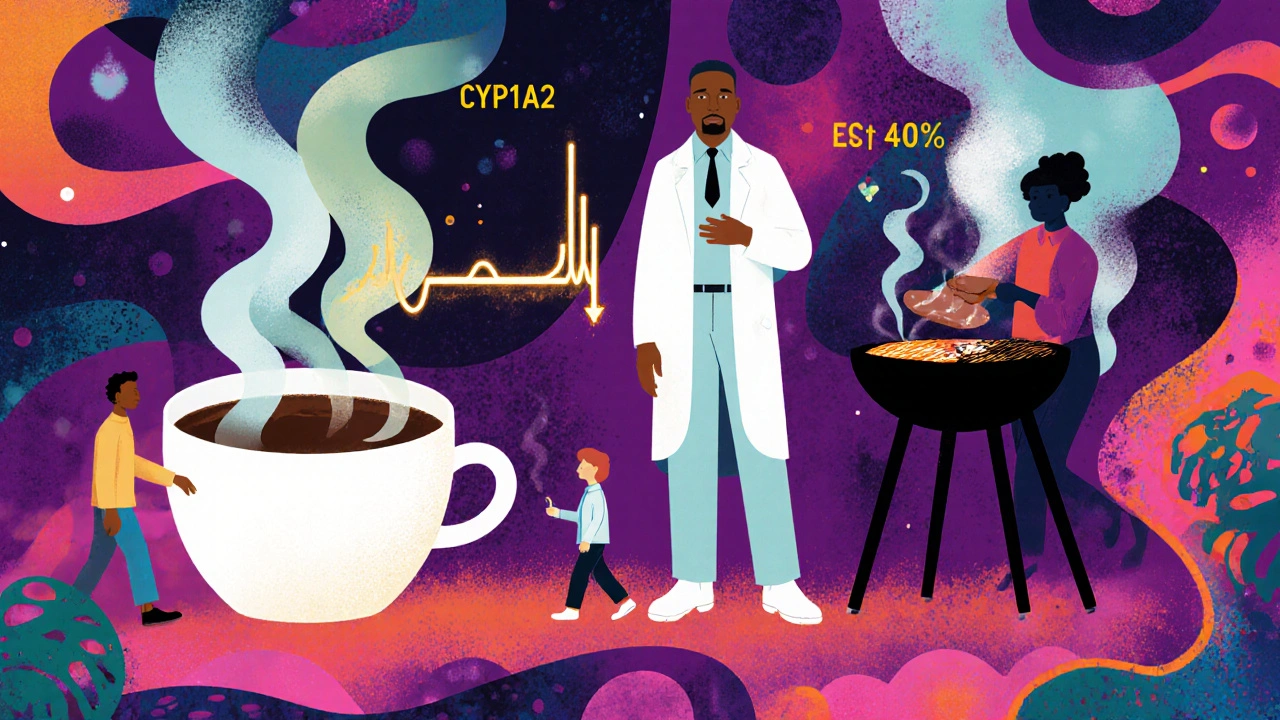 Pharmacist beside grill and coffee cup connected by glowing enzyme thread in swirling psychedelic art.