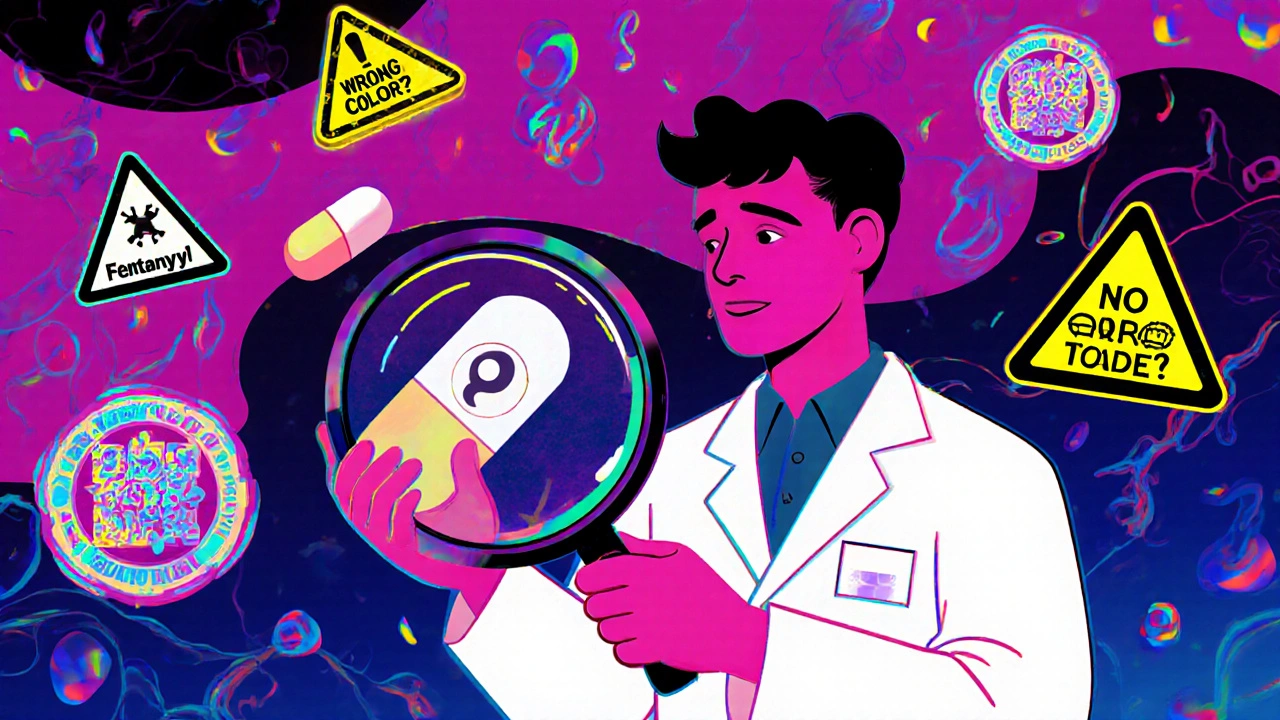 Pharmacist examining a pill splitting open to reveal fentanyl, surrounded by warning signs.
