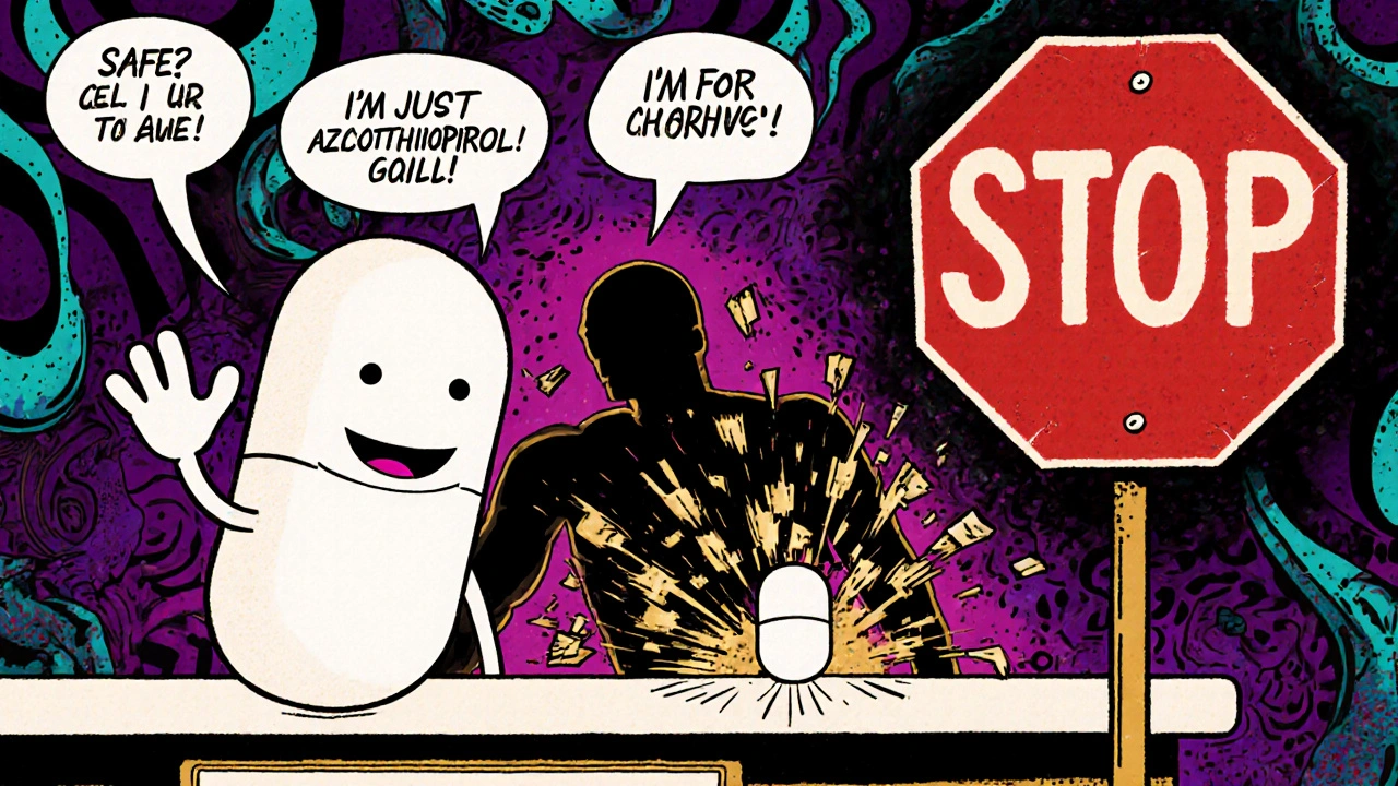 Pharmacy scene with pills ignoring a screaming bone marrow cell, overshadowed by a giant red STOP sign shaped like a human.