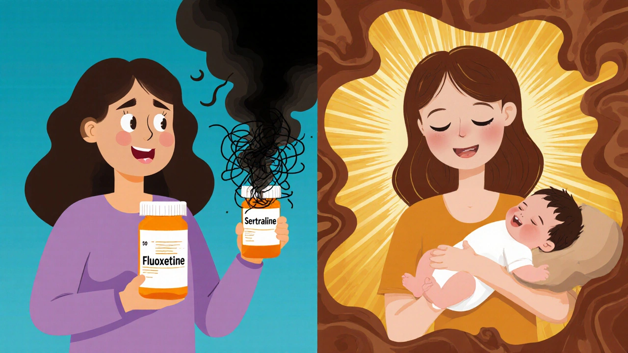 Split image showing contrast between harmful fluoxetine and safe sertraline effects on baby.