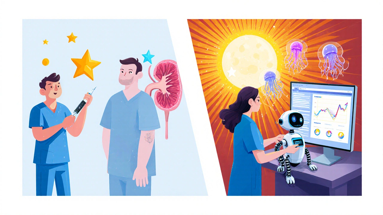 Split scene: acute kidney injury with falling CrCl, then recovery with rising CrCl and AI monitoring biomarkers.