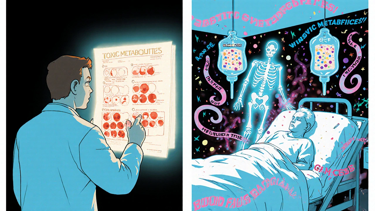 Split scene: doctor sees collapsing blood counts while patient receives transfusions, surrounded by toxic metabolite clouds.