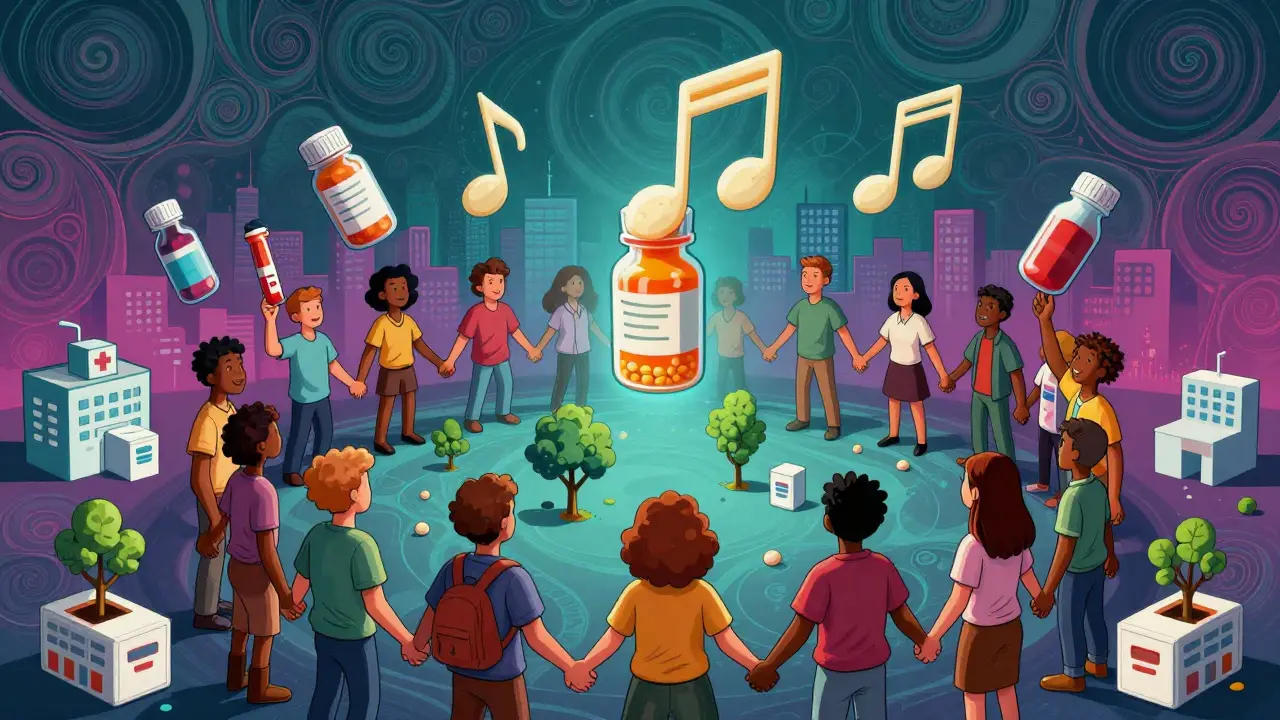 A circle of people hold pill bottles that turn into musical notes above a city where hospitals shrink and trees grow.