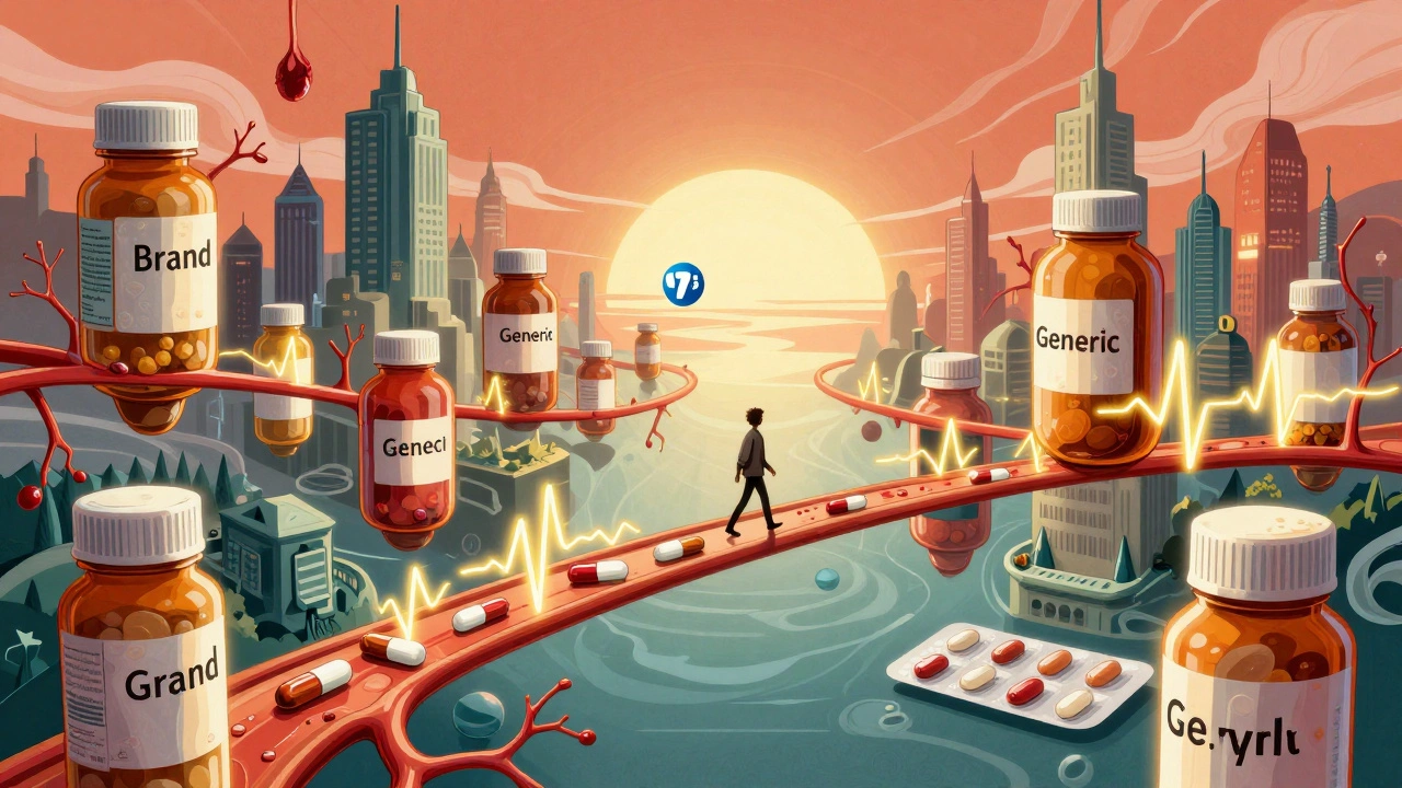 A city made of pill bottles connected by blood vessels, with a person walking safely across a prescription bridge.