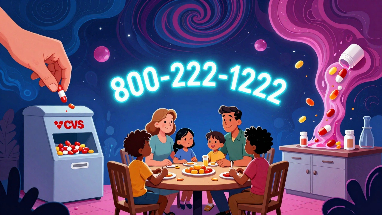 A family gathers as a glowing poison help number floats above them, pills dissolving into safe gel.