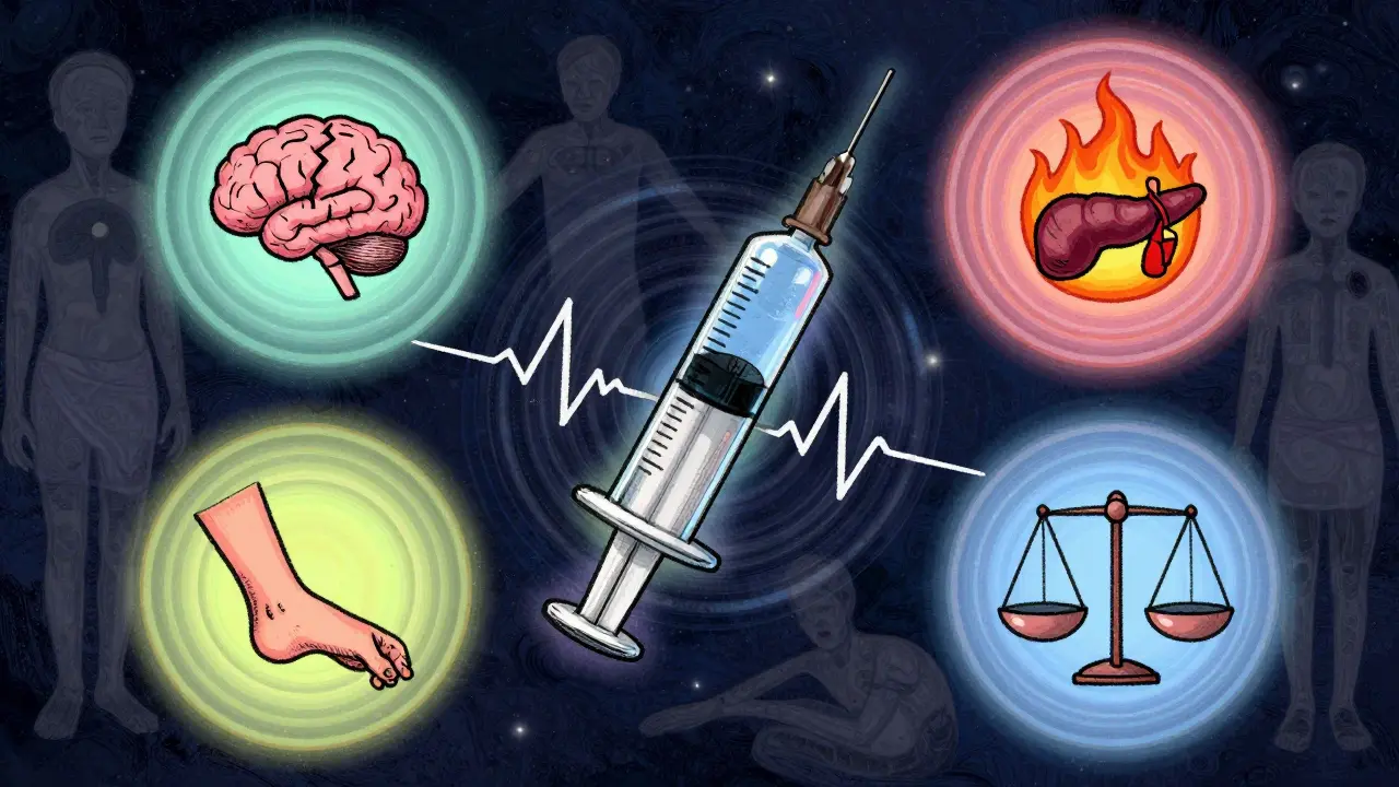 A floating syringe surrounded by symbolic icons of metabolic and movement side effects, rendered in vintage psychedelic style.
