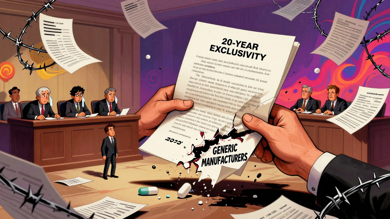 A giant patent document is torn apart by generic manufacturers while executives panic in the background.