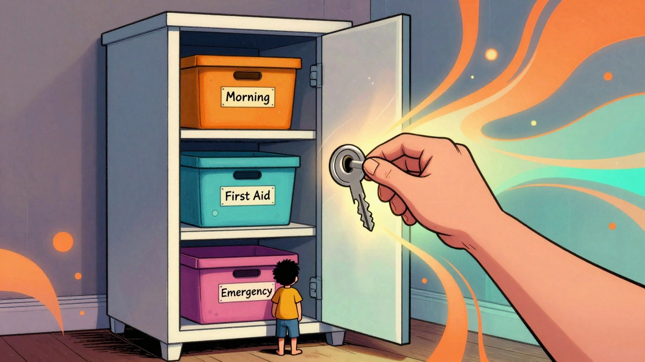 A locked bedroom cabinet with organized medicine bins, out of reach of a child below.