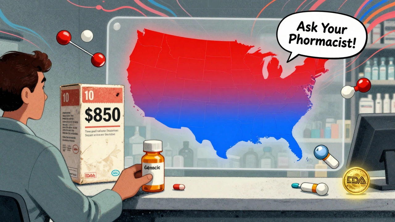 A patient receives a  generic pill beside a faded 0 brand box, with a glowing U.S. map showing savings disparities.