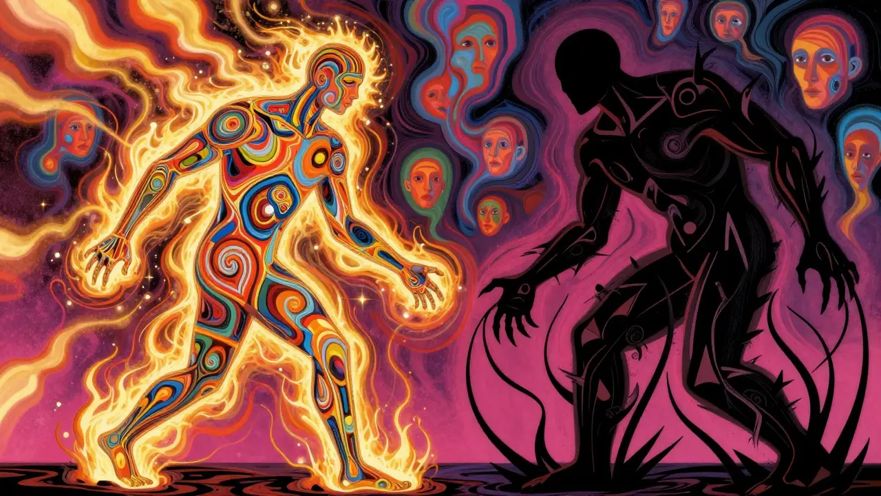 A patient torn between levodopa’s healing energy and antipsychotics’ crushing force, surrounded by hallucinatory swirls.