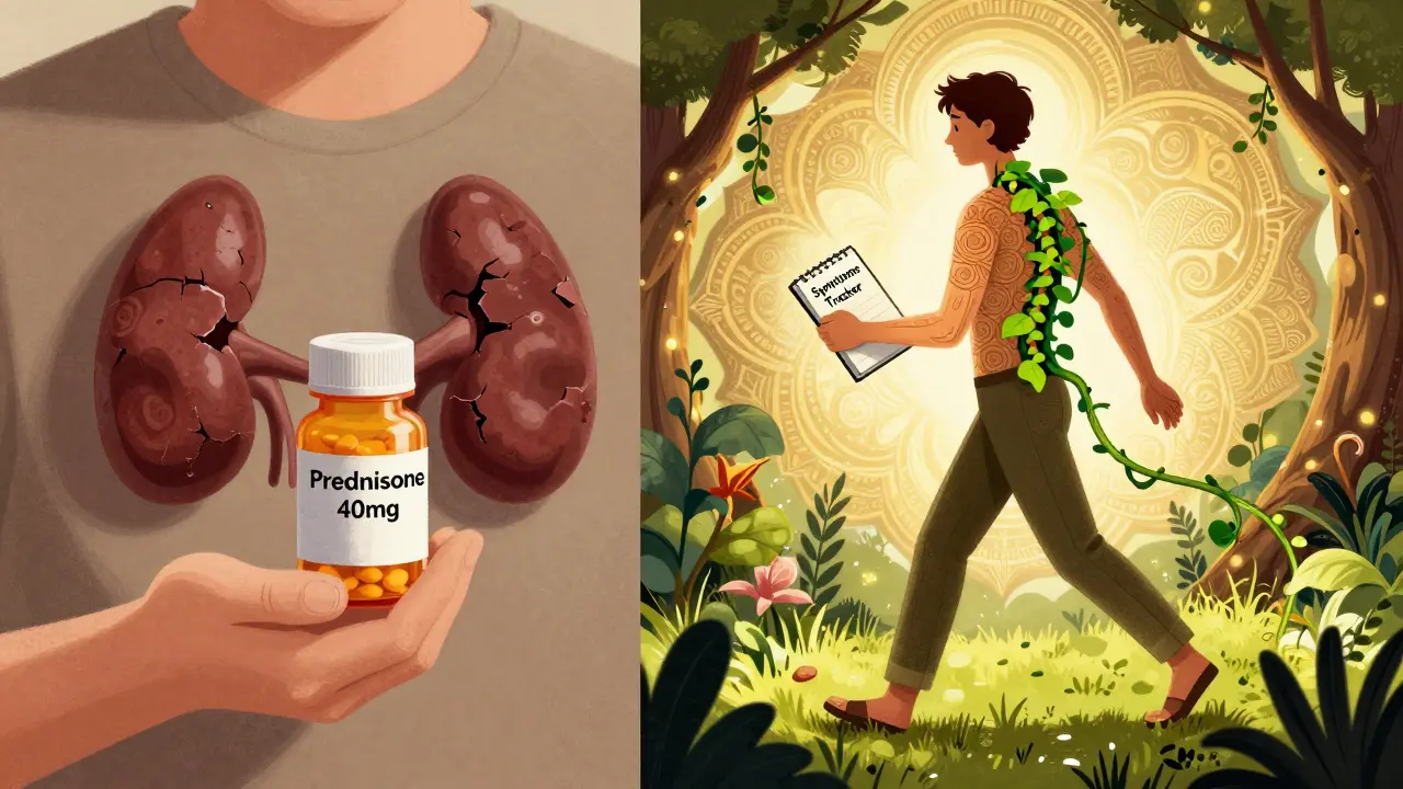 A patient transitioning from pill dependence to recovery, walking through a sunlit garden with vines growing from their spine as symbols of healing.