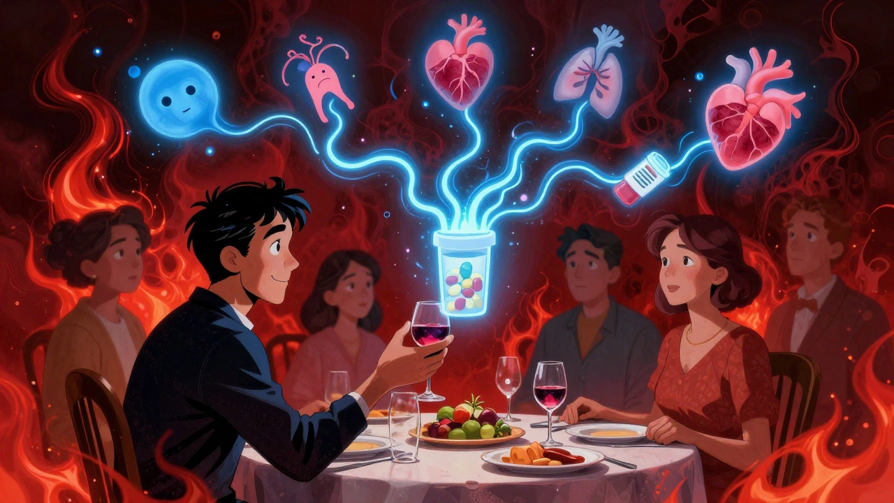 A person at dinner with floating pills and wine, connected to dangerous bodily symbols by glowing lines.