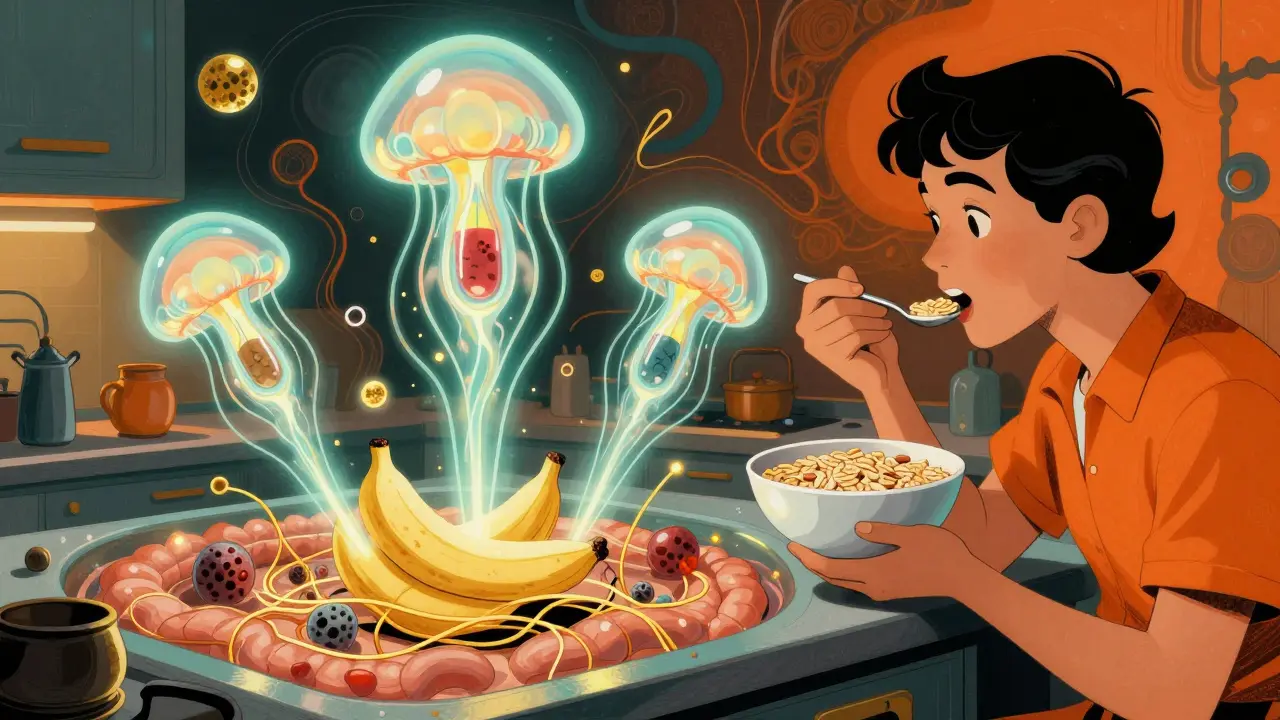 A person eating fiber-rich food as probiotic capsules float above, connecting to a microscopic gut landscape with glowing fibers and molecules.