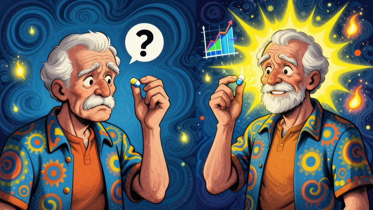 A person hesitating then smiling as they hold the same generic pill, with bioequivalence patterns floating around them.