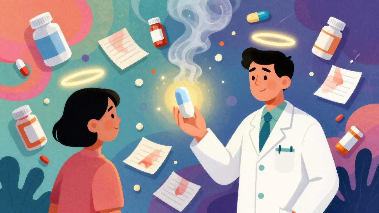 A pharmacist gives a glowing single pill to a patient as chaotic medication bottles fade into smoke.