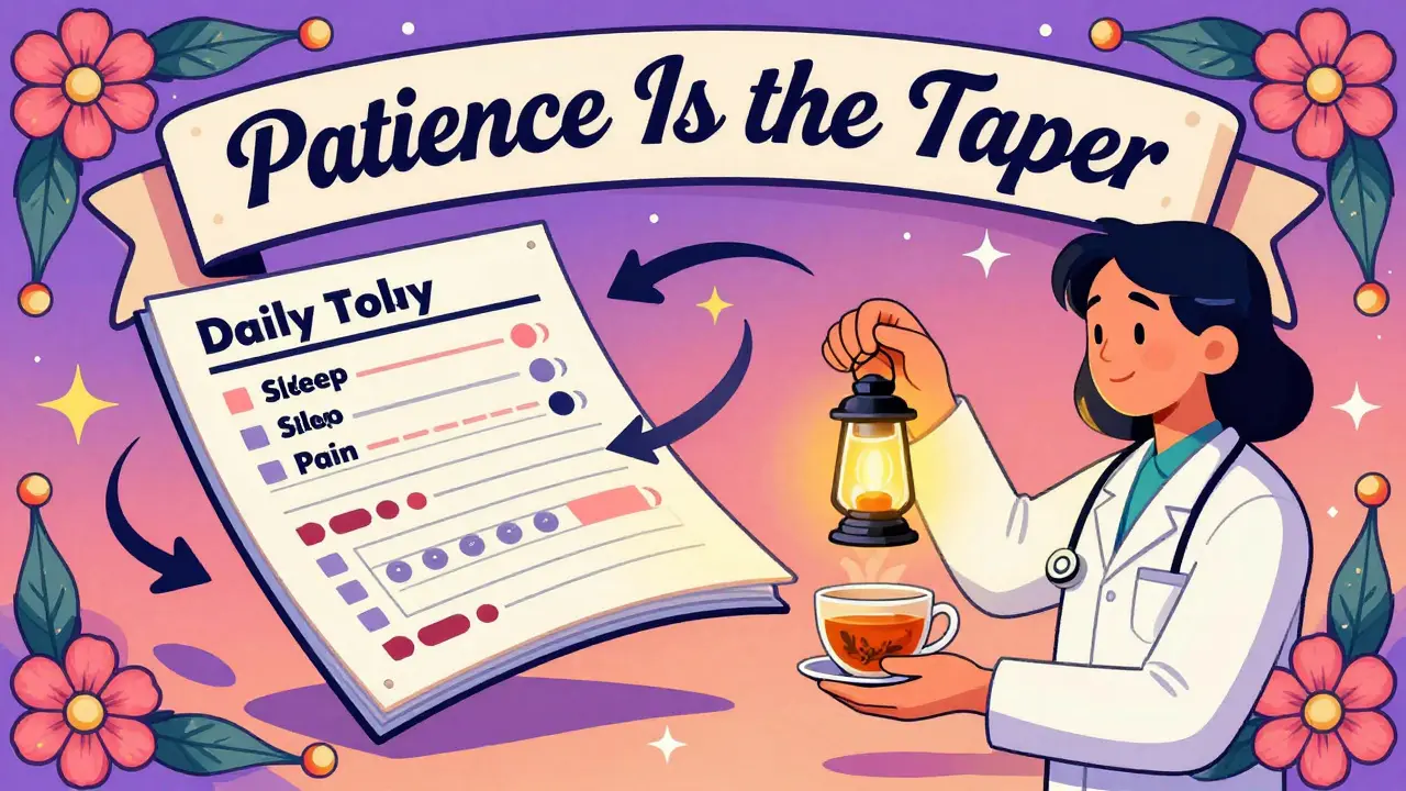 A psychedelic medical chart showing symptom tracking, with doctors offering support and a glowing cortisol test vial, framed by floral 1960s motifs.