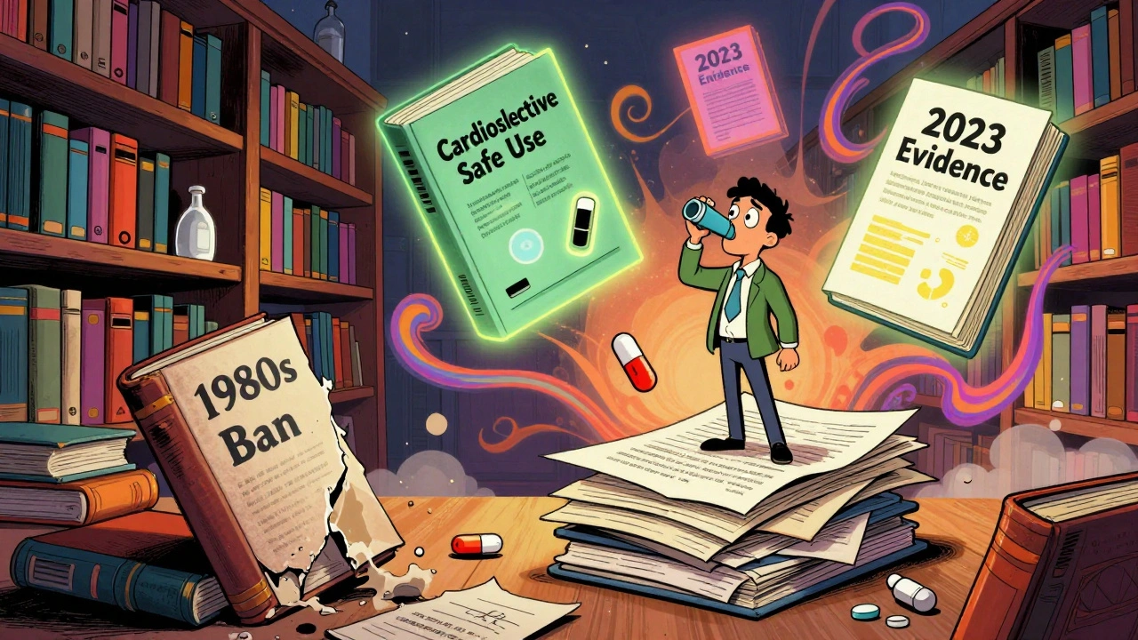 A psychedelic medical library with old bans dissolving and new safe-use books rising, patient holding pill and inhaler.