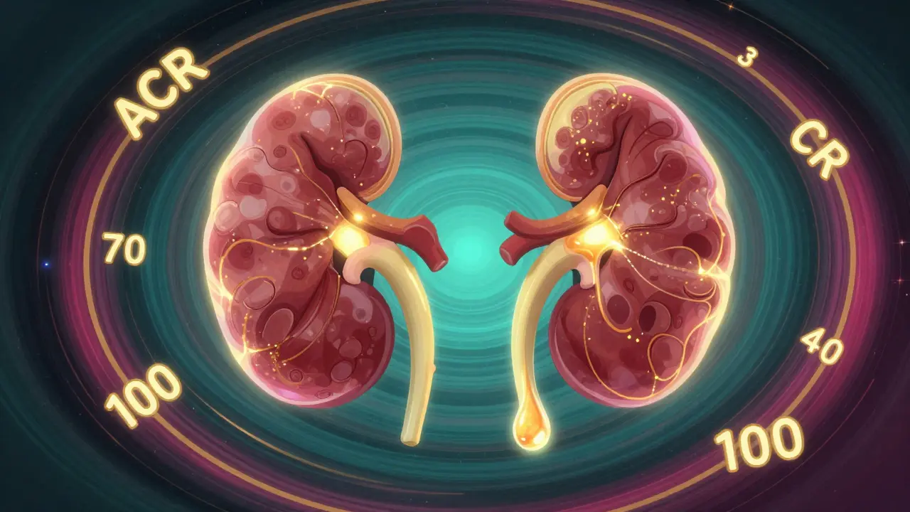 Abstract kidneys filtering blood, one leaking golden protein threads into urine droplet