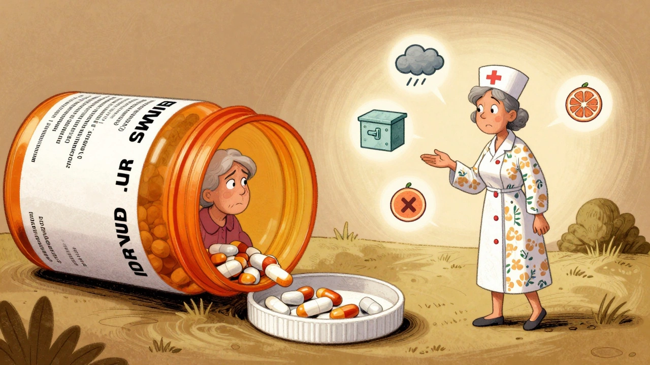 An open pill bottle leading to a calm scene where a nurse explains medication safety with icons.