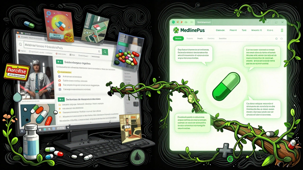 Chaotic ad-filled search page vs. clean MedlinePlus page with bilingual safety info.