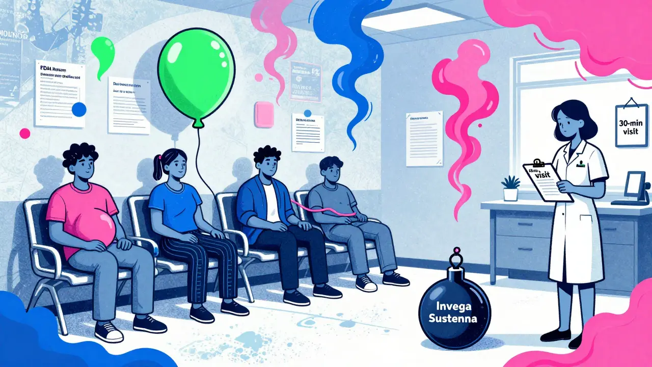 Chaotic clinic scene with patients burdened by invisible side effects, and fading medical guidelines dissolving into colorful smoke.