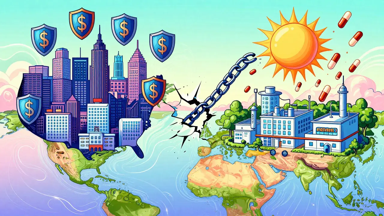 Contrasting U.S. patent barriers with India’s open access to generic drugs in psychedelic style.