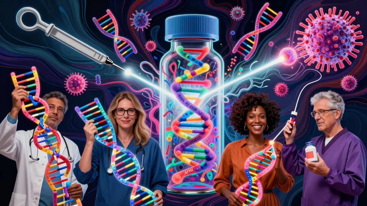 Diverse people holding DNA strands that become medical tools, surrounded by bursting chromosomes and fading cancer cells in psychedelic style.