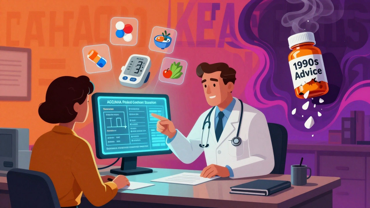 Doctor and patient reviewing heart risk calculator with floating statin and food icons