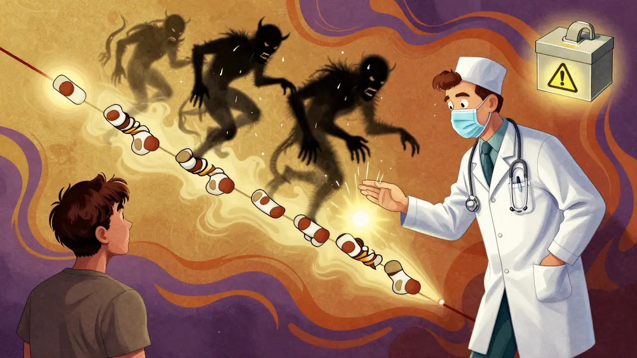 Doctor guiding patient through tapering calendar with withdrawal demons fading and locked box in background