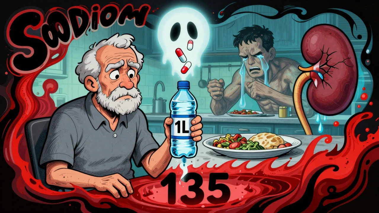 Elderly person with water bottle surrounded by floating diuretic pills, sodium levels crashing.