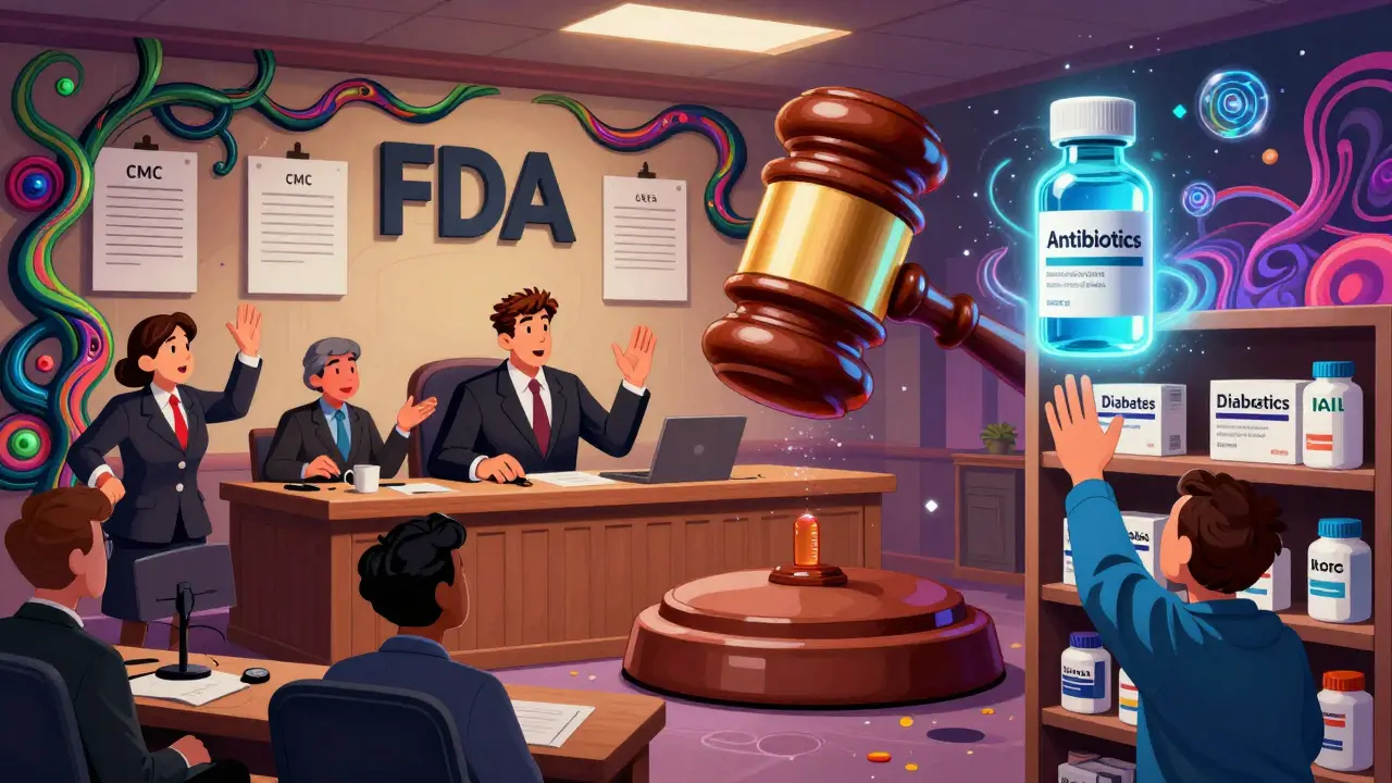 FDA courtroom with pill gavel, tangled CMC vines, and patients reaching for glowing generic medications.