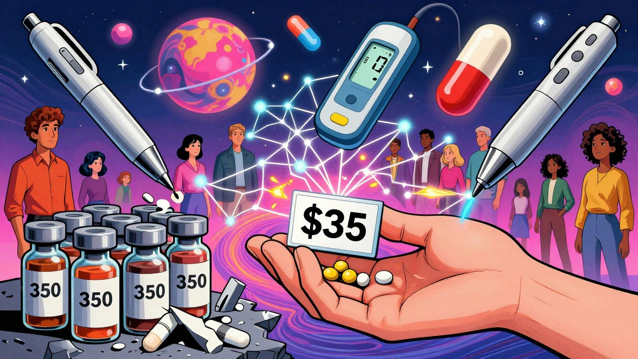 Futuristic insulin technology floating above diverse people, with affordable vials replacing expensive ones in psychedelic style.